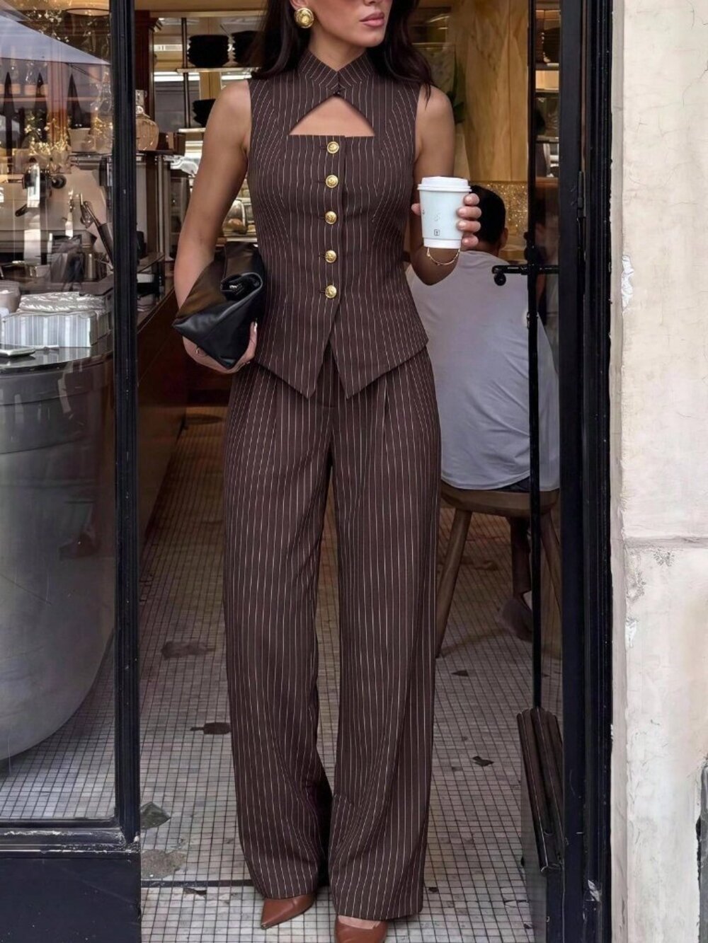 Coffee Brown Elegant Women's Pinstripe Sleeveless High Neck top & Pants Set